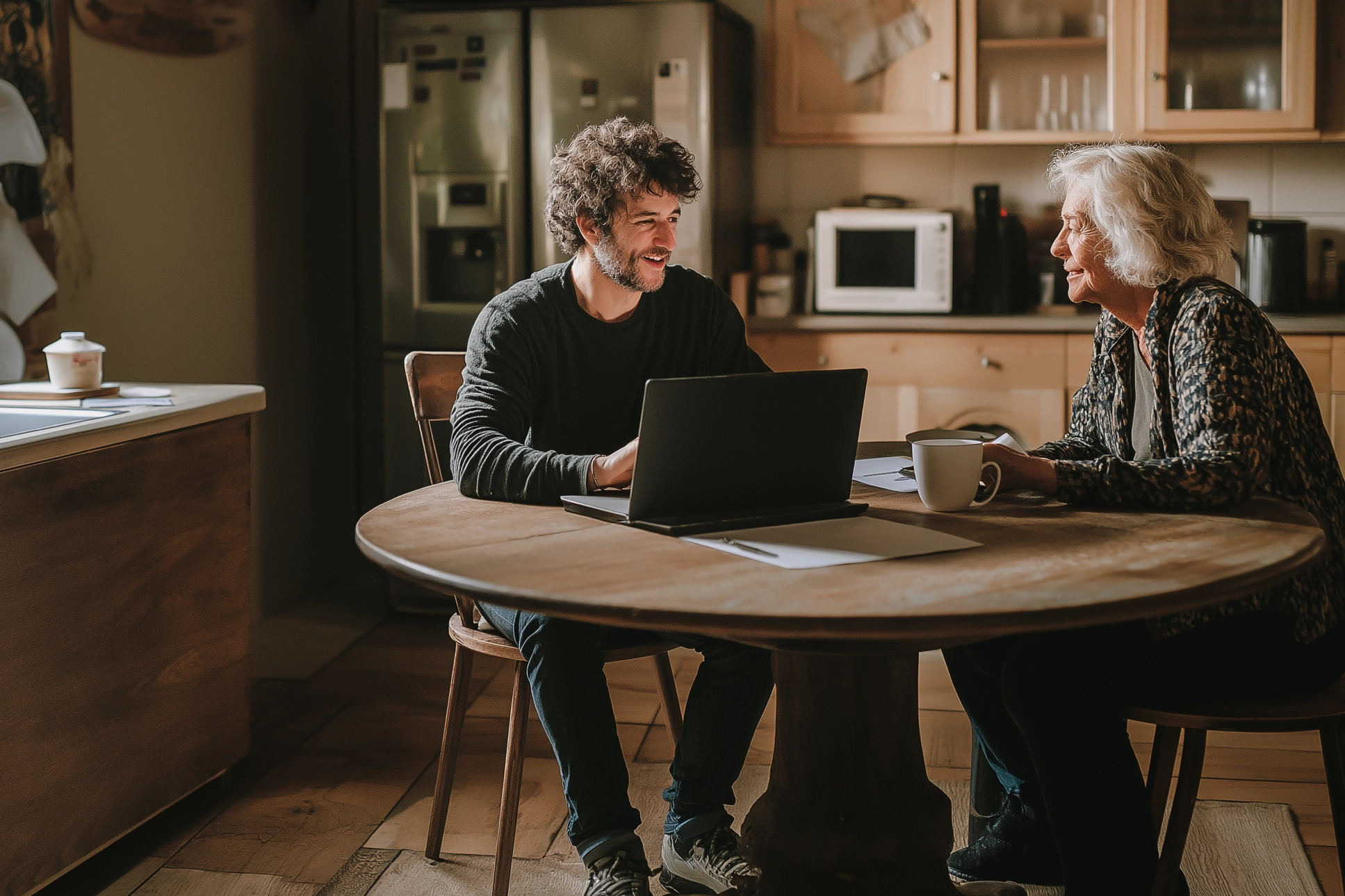 An olderwoman sitting at a kitchen table with her son over coffee and a laptop.