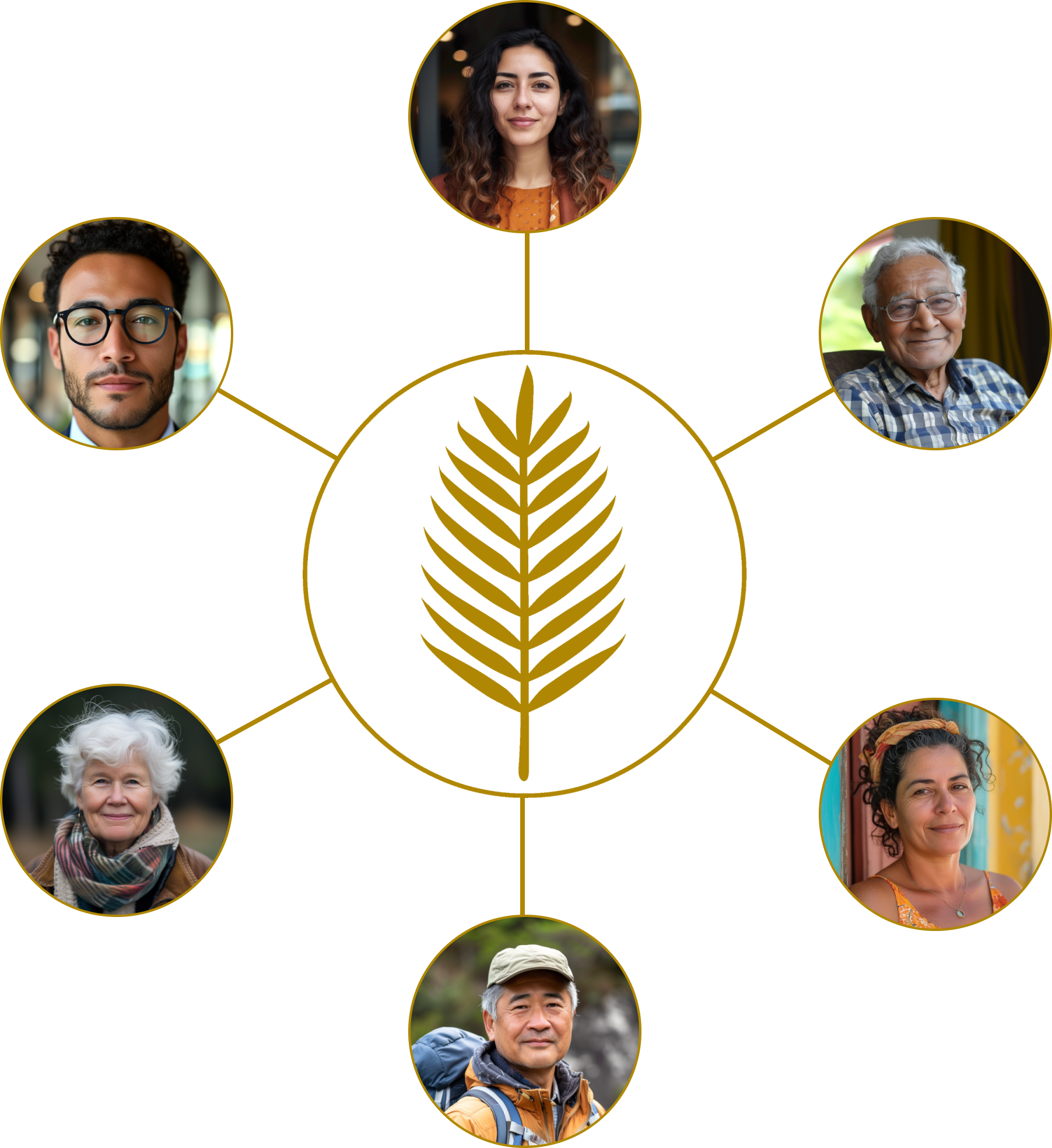 Collaboration using Sabal: six people of different ages evenly spaced around the Sabal logo
